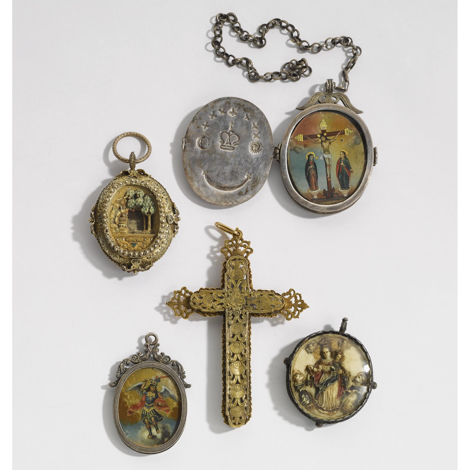 18Th Century-Style Spanish Colonial Pectoral Cross And Four 18Th/19Th Century Double-Sided Devotional Pendants