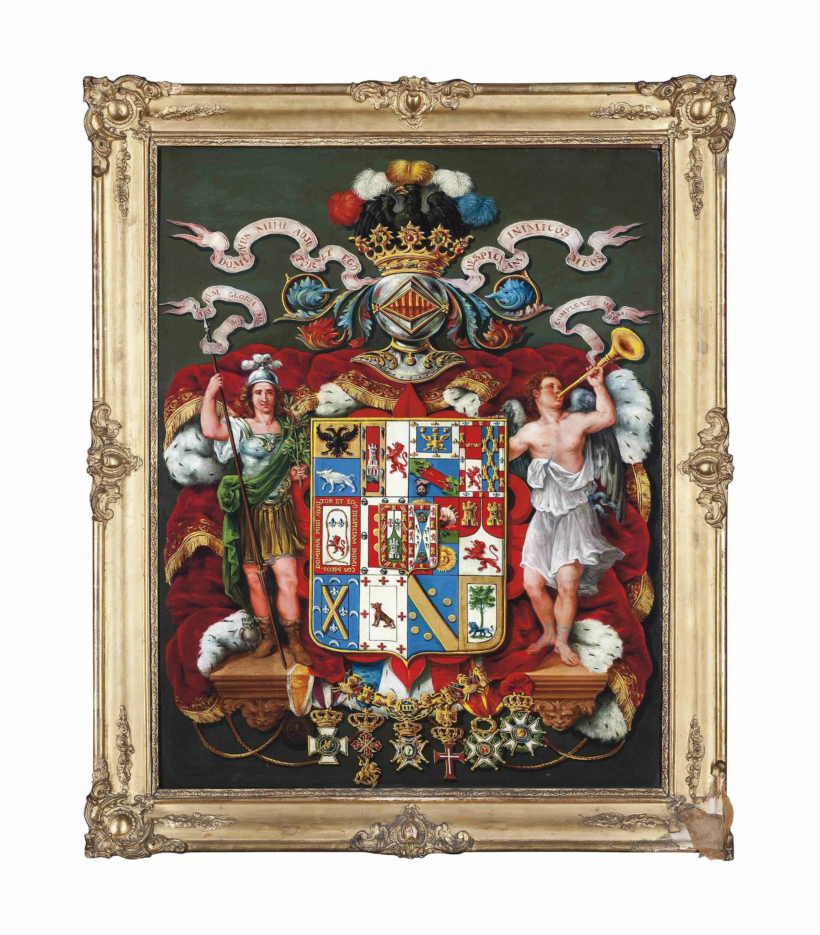 A canvas depicting a shield with the coat of arms of a Spanish nobleman, supported by two decorative figures displayed in front of a crimson robe of estate lined ermine, edged with gold arabesques and fringe, with gold cords.