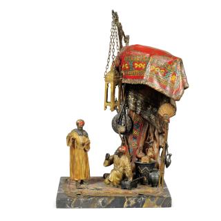 A Chotka - Marchand Arabea Late 19Th/Early 20Th Century Austrian Polychrome Cold Painted Bronze Group Of An Arab Merchant