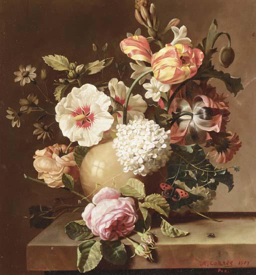 A. Cortes - Roses, Hydrangea, Tulips and other Flowers with a Bee on a Stone Ledge
