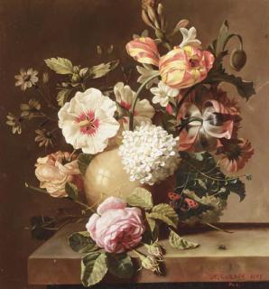 A. Cortes - Roses, Hydrangea, Tulips and other Flowers with a Bee on a Stone Ledge