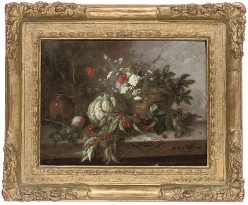A. Couder - Wild flowers in a wicker basket with berries, a peach, pumpkin and jug to the side, on a stone ledge