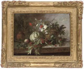 A. Couder - Wild flowers in a wicker basket with berries, a peach, pumpkin and jug to the side, on a stone ledge