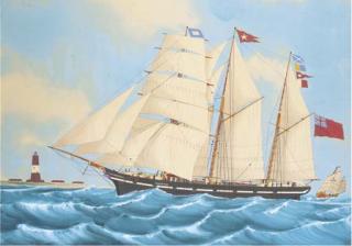 A. de Clerk - The barquentine Gladstone off a lighthouse with the Deal pilot boat astern of her