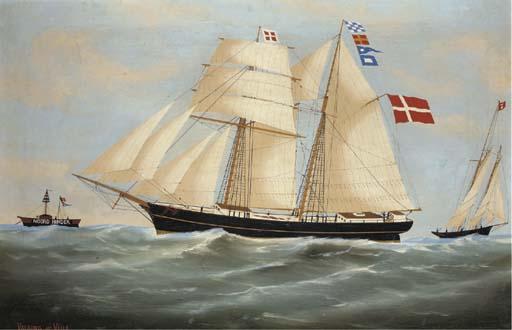 A. de Clerk - The Danish topsail schooner Valborg of Viele off the Noord Hinder lightship, with the pilot cutter approaching
