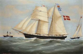 A. de Clerk - The Danish topsail schooner Valborg of Viele off the Noord Hinder lightship, with the pilot cutter approaching