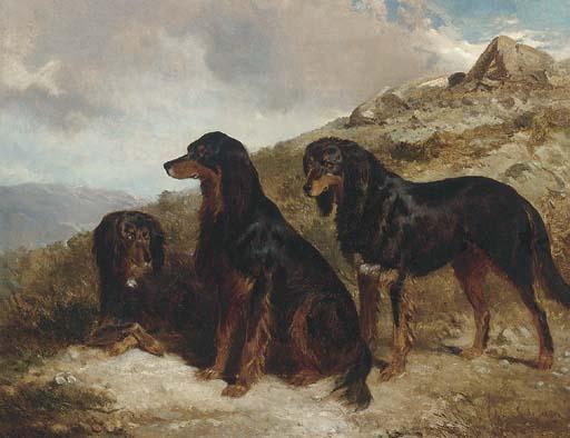 A. F. De Prades - Reuben, Roland, And Rector, Black And Tan Setters In A Highland Landscape