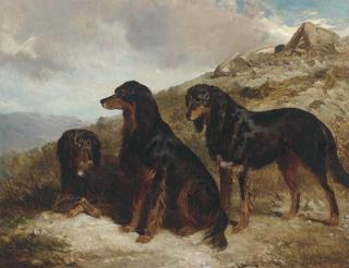A. F. De Prades - Reuben, Roland, And Rector, Black And Tan Setters In A Highland Landscape