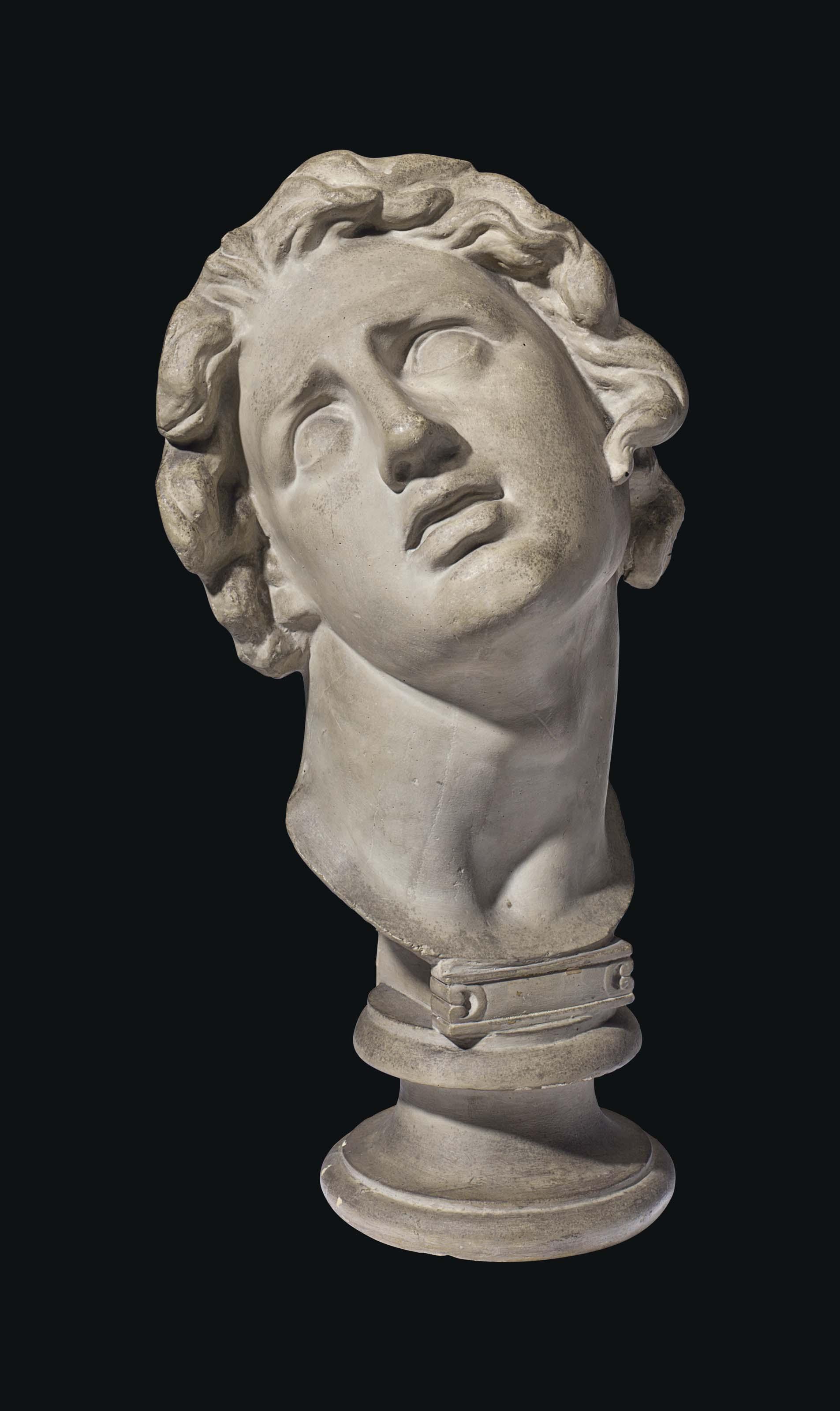 A Grey-Painted Plaster Head Of The Dying Alexander