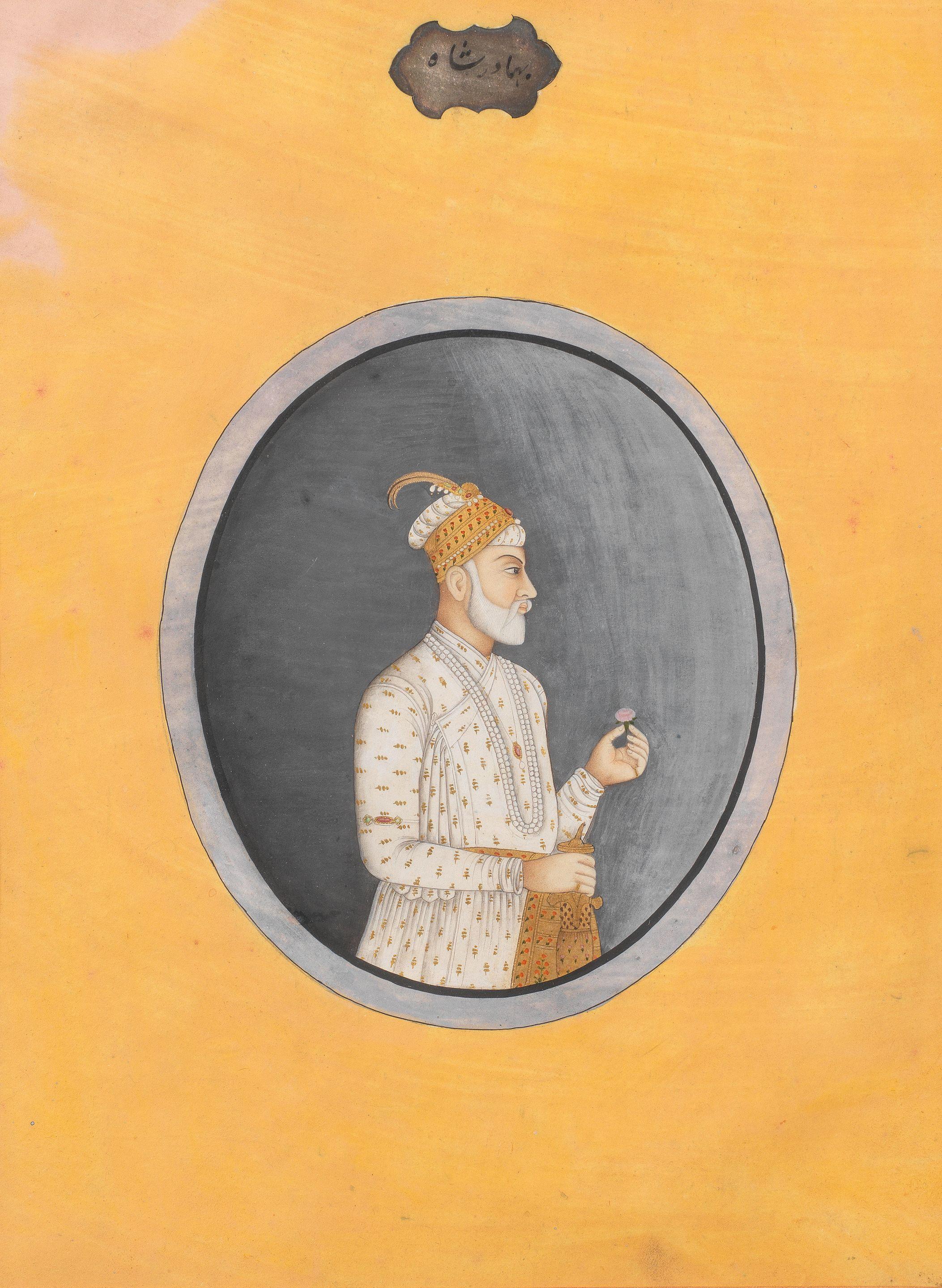 A group of six paintings from an album, depicting five Mughal Emperors and Nadir Shah of Persia