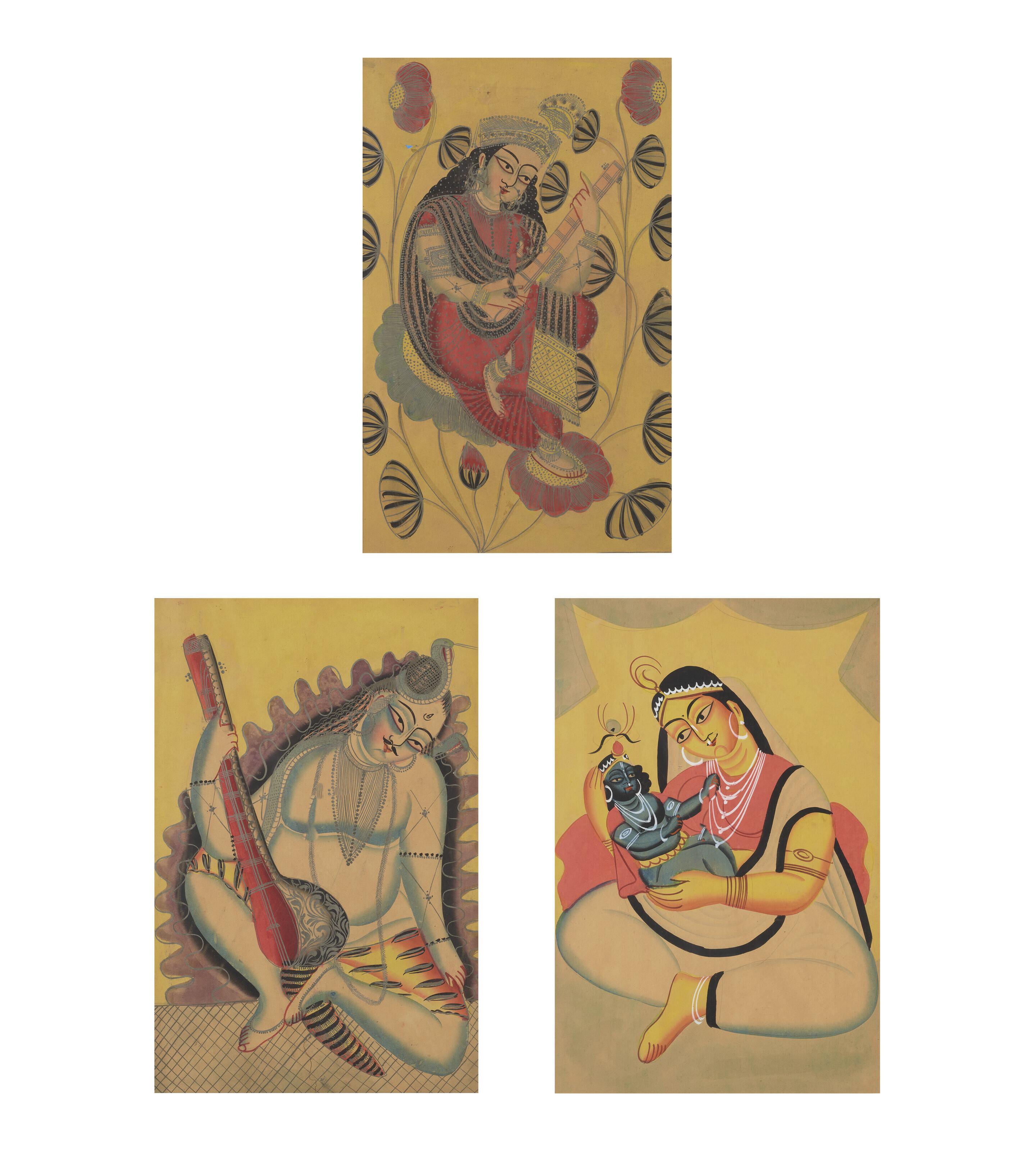 A Group Of Three Kalighat Paintings: Saraswati, Shiva, And Yashoda With Krishna