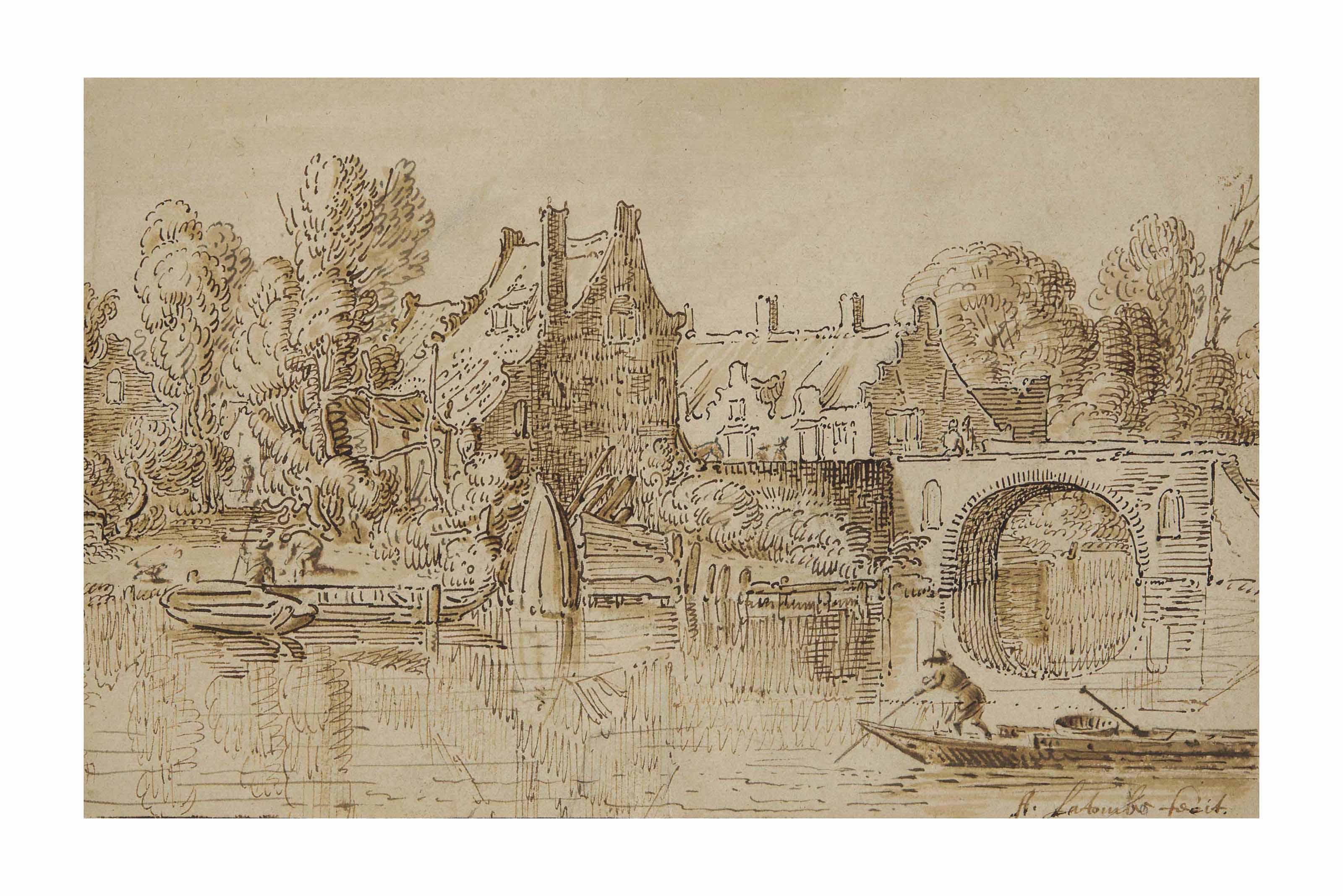 A. Latombe - Barques sur une rivière, des habitations derrière, un pont à l\'arrière-plan