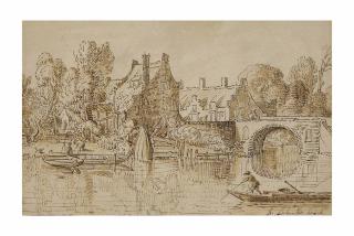 A. Latombe - Barques sur une rivière, des habitations derrière, un pont à l\'arrière-plan