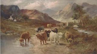 A. Lewis - Highland cattle watering; and Highland Cattle at the edge of a loch