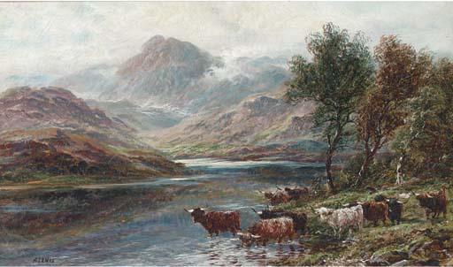 A. Lewis - Highland cattle watering in a mountainous landsape