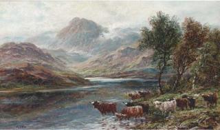 A. Lewis - Highland cattle watering in a mountainous landsape