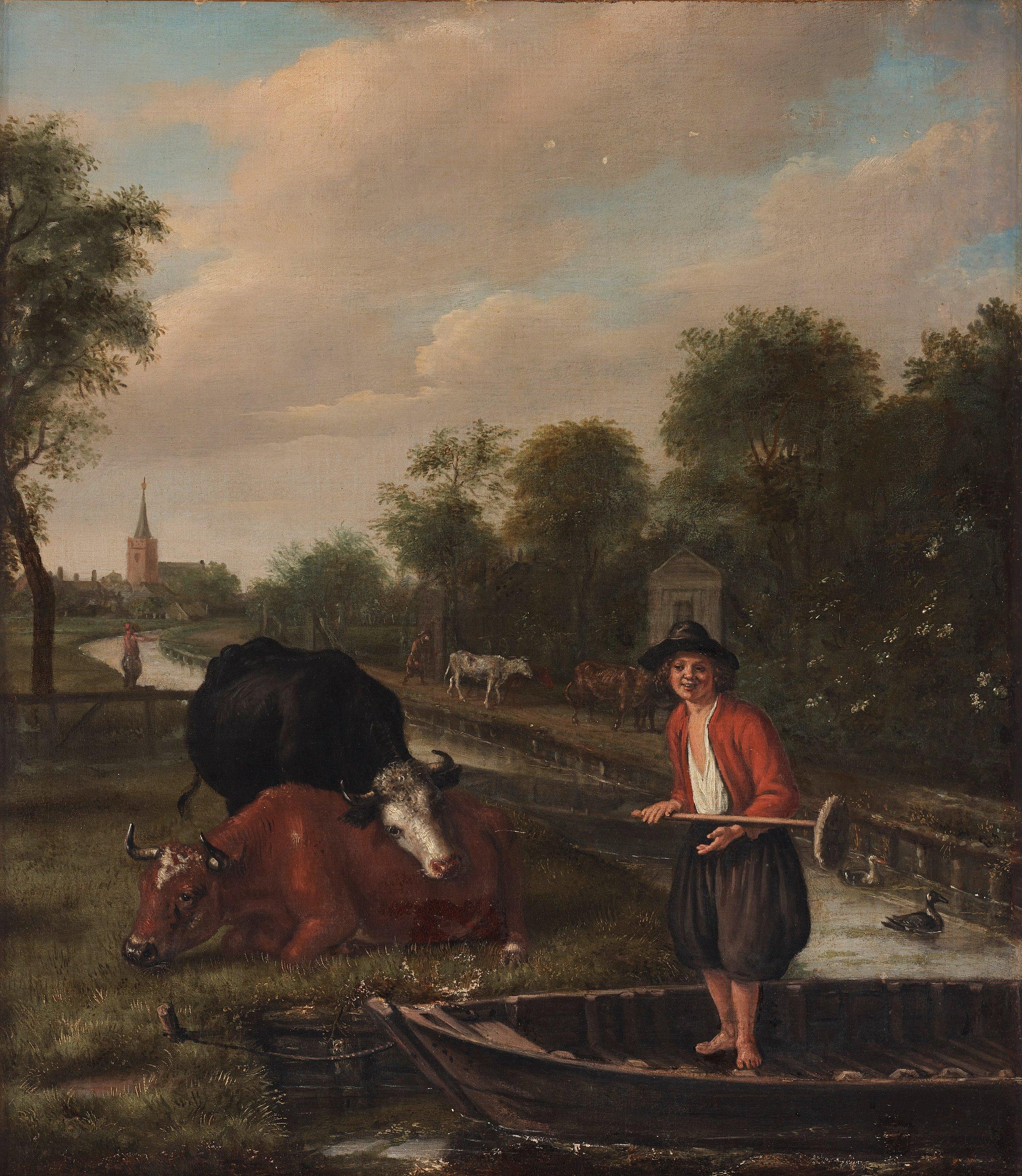 A meadow Landscape with a boy in a punt with cows nearby, a village beyond