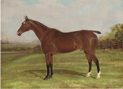 A. Moginie Bryant - A chestnut hunter in a paddock; and A dark brown mare by a stable