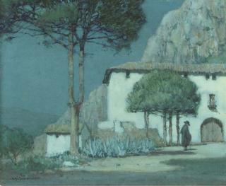 A. Moulton Foweraker - Moonlight in a Spanish landscape (illustrated); On the steps at Tarn, France; and Moonlight, Newton St. Cyres, Devon