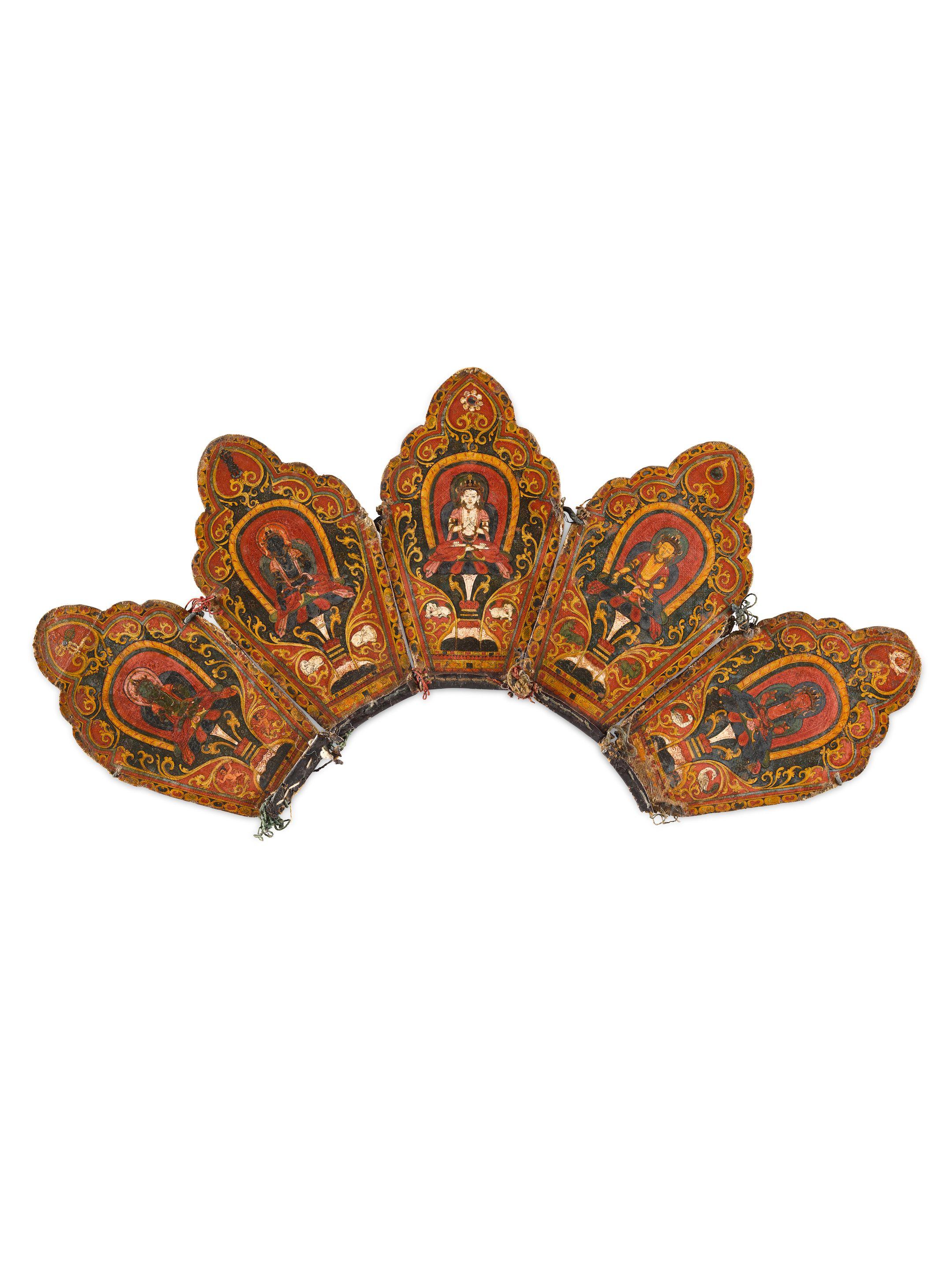 A Painted Leather Ritual Crown With The Five Presiding Buddhas