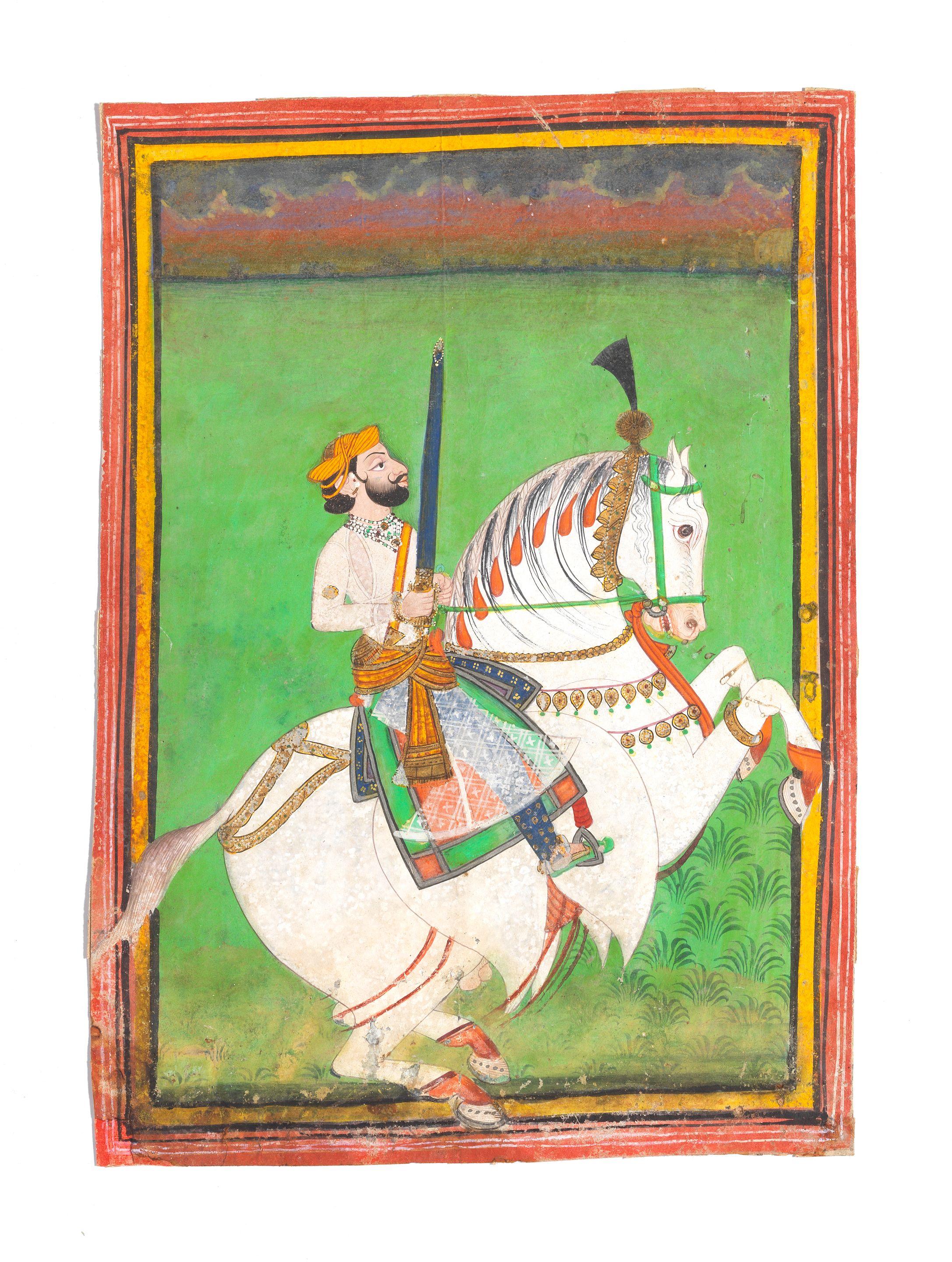 A raja on horseback brandishing a sword