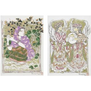 A. Ramachandran - Untitled Pair Of Works: Winged Musicians And Seated Woman