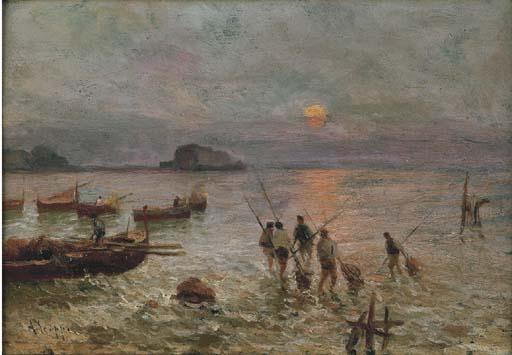 A. Scoppa - Napoli, pescatori con Castel dell\'Ovo sullo sfondo