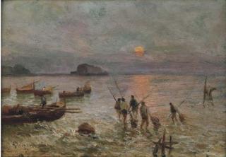 A. Scoppa - Napoli, pescatori con Castel dell\'Ovo sullo sfondo