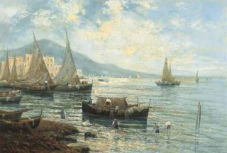 A. Scoppa - Veduta costiera con barche e pescatori