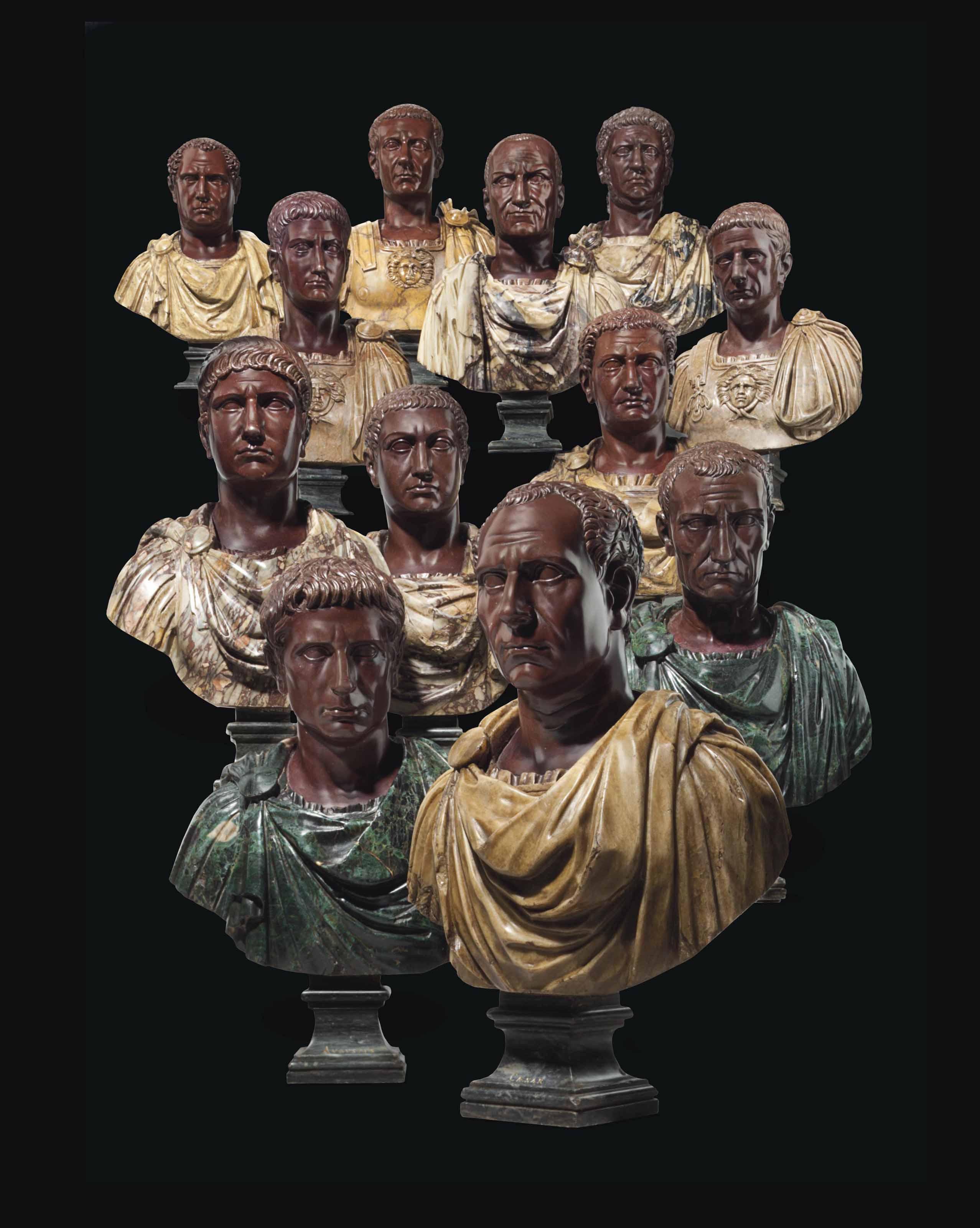 A Set Of Twelve Variegated Marble Busts Of Roman Emperors