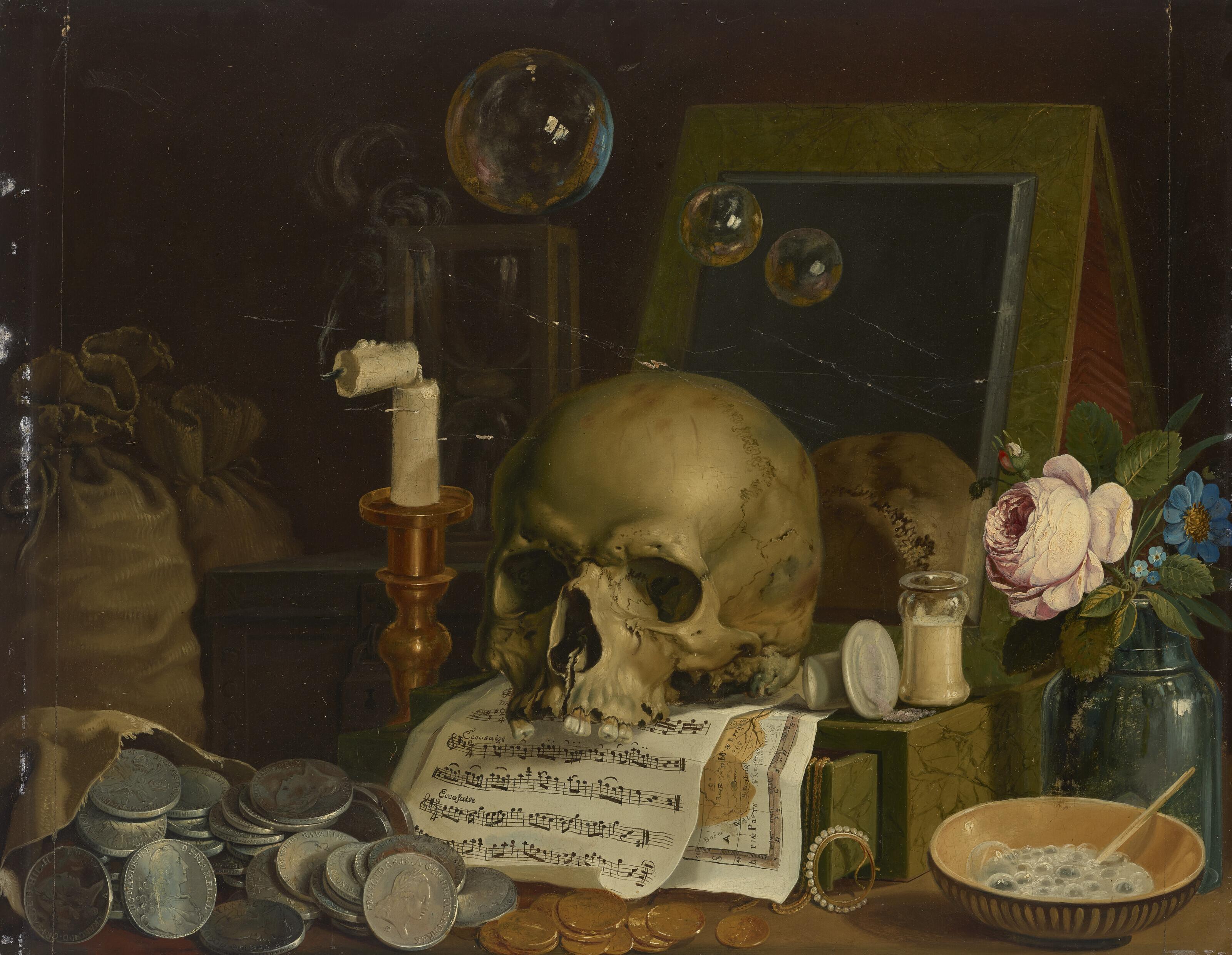 A vanitas still life with a skull, sheet music, silver and gold coins, a bouquet of flowers and a broken candle