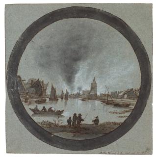 Aarnout Ter Himpel - River landscape with a burning village