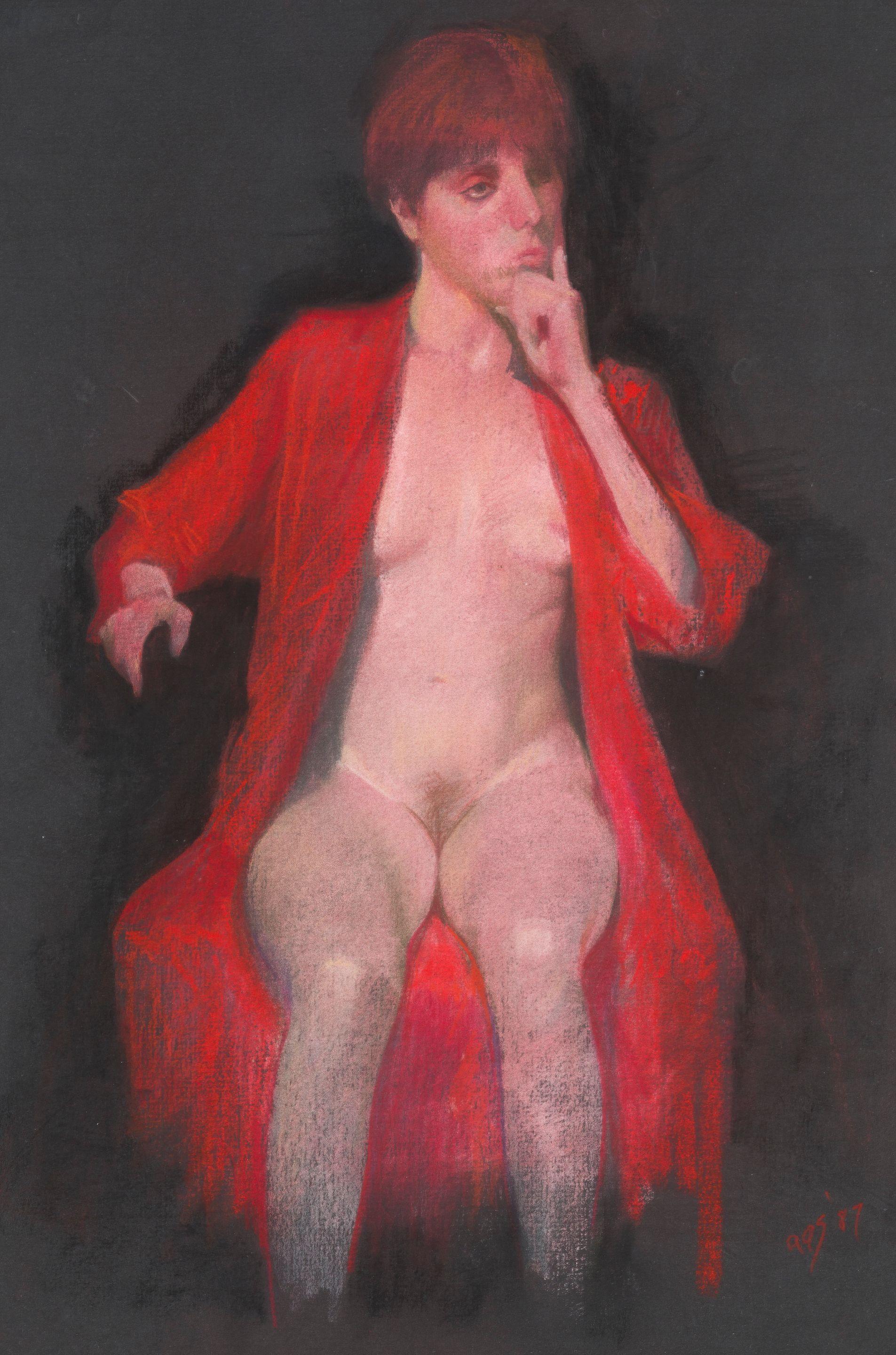 Aaron Shikler - Nu assis au peignoir rouge