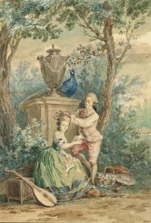 Aart Schouman - Un jeune homme couronnant de fleurs une musicienne dans un parc