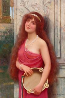 Abbey Altson - A portrait of young woman in pearls with a tambourine