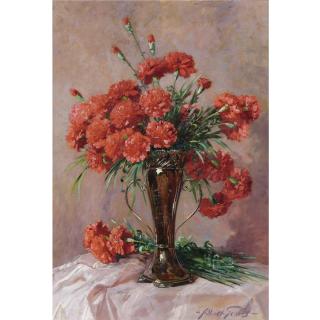 Abbott Fuller Graves - Red Carnations In A Silver Vase