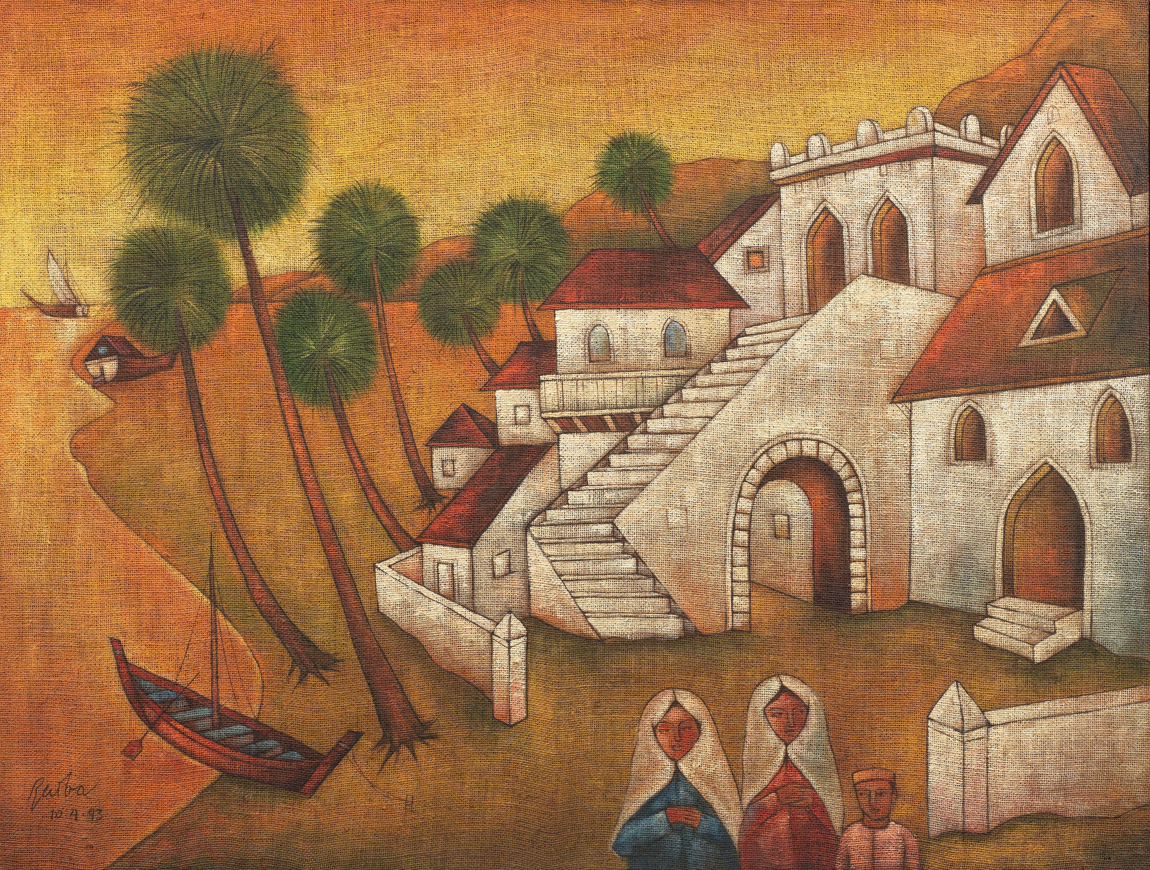 Abdul Aziz Raiba - Untitled (Villagers and buildings on a sea shore)