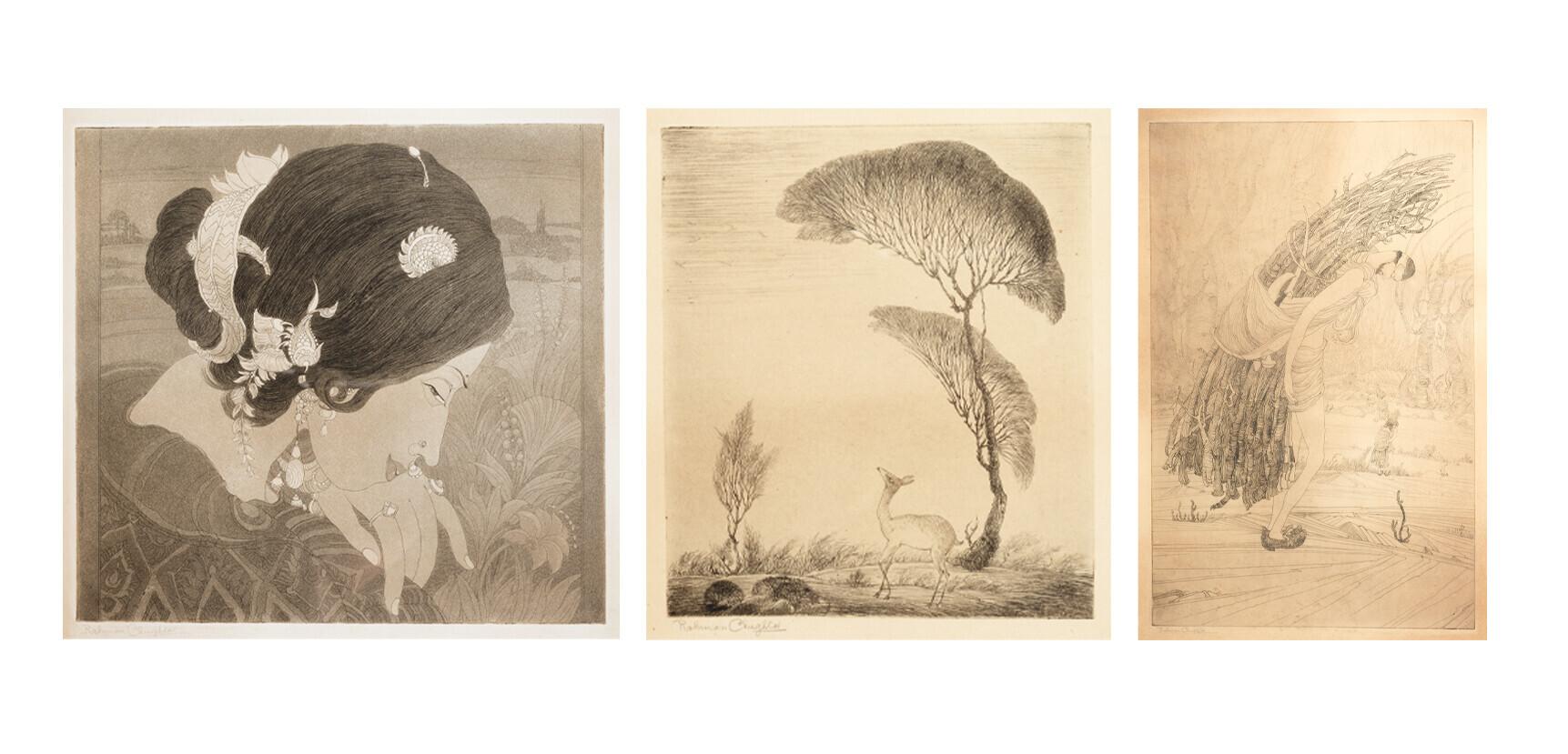 Abdur Rahman Chughtai - Fragrance; Untitled (Deer); Kashmiri Woodcutter