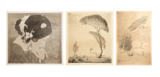 Abdur Rahman Chughtai - Fragrance; Untitled (Deer); Kashmiri Woodcutter