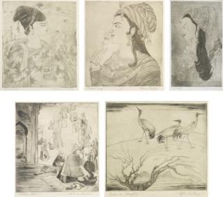 Abdur Rahman Chughtai - Mughal Artist; Mughal Lady; Nasreen; Sacred Stairs; After The Rain