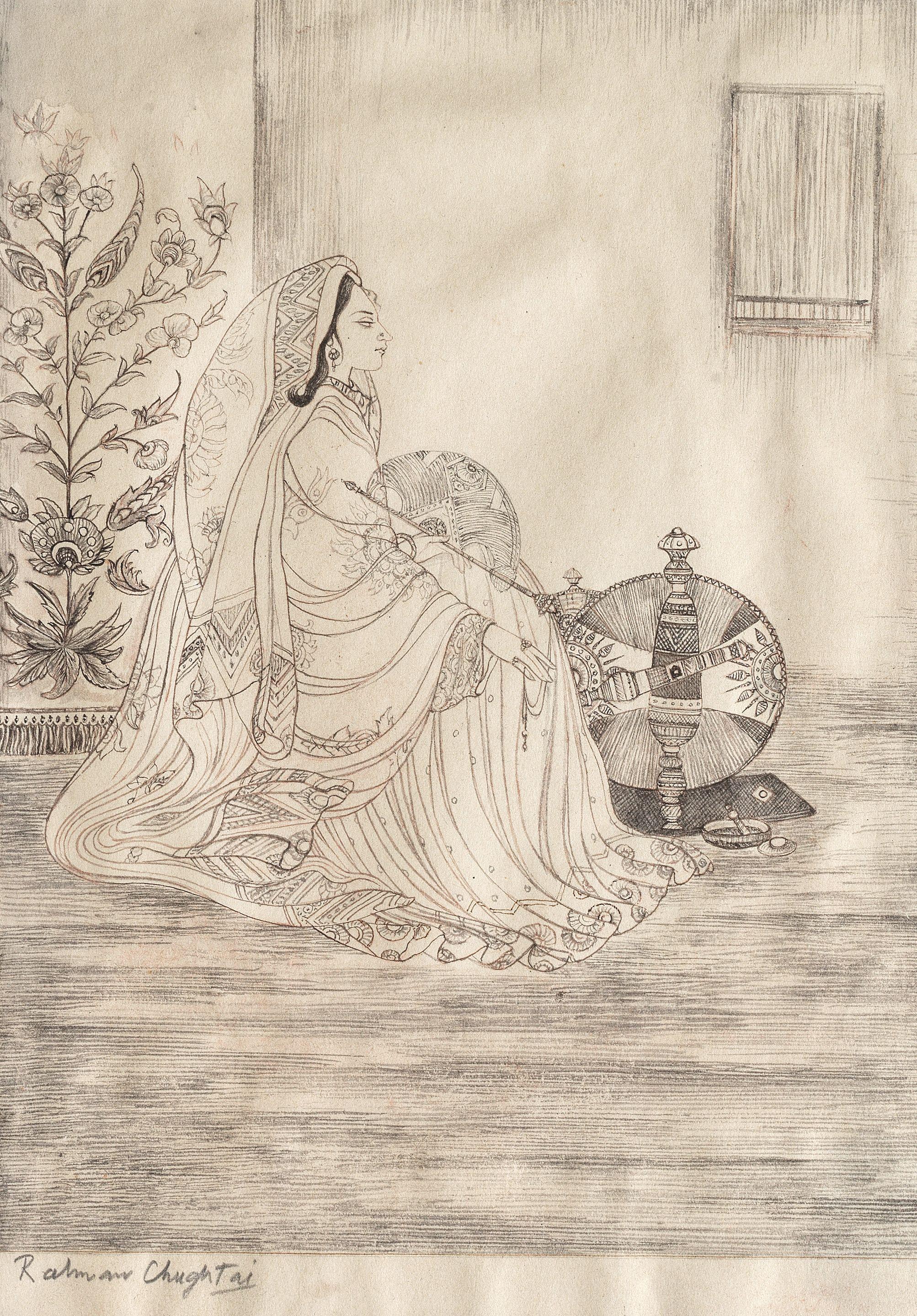 Abdur Rahman Chughtai - Untitled (Maiden with a spinning wheel)