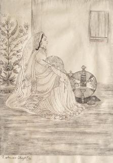 Abdur Rahman Chughtai - Untitled (Maiden with a spinning wheel)