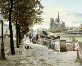 Abel Boulineau - A book stall on the Seine, Notre Dame beyond