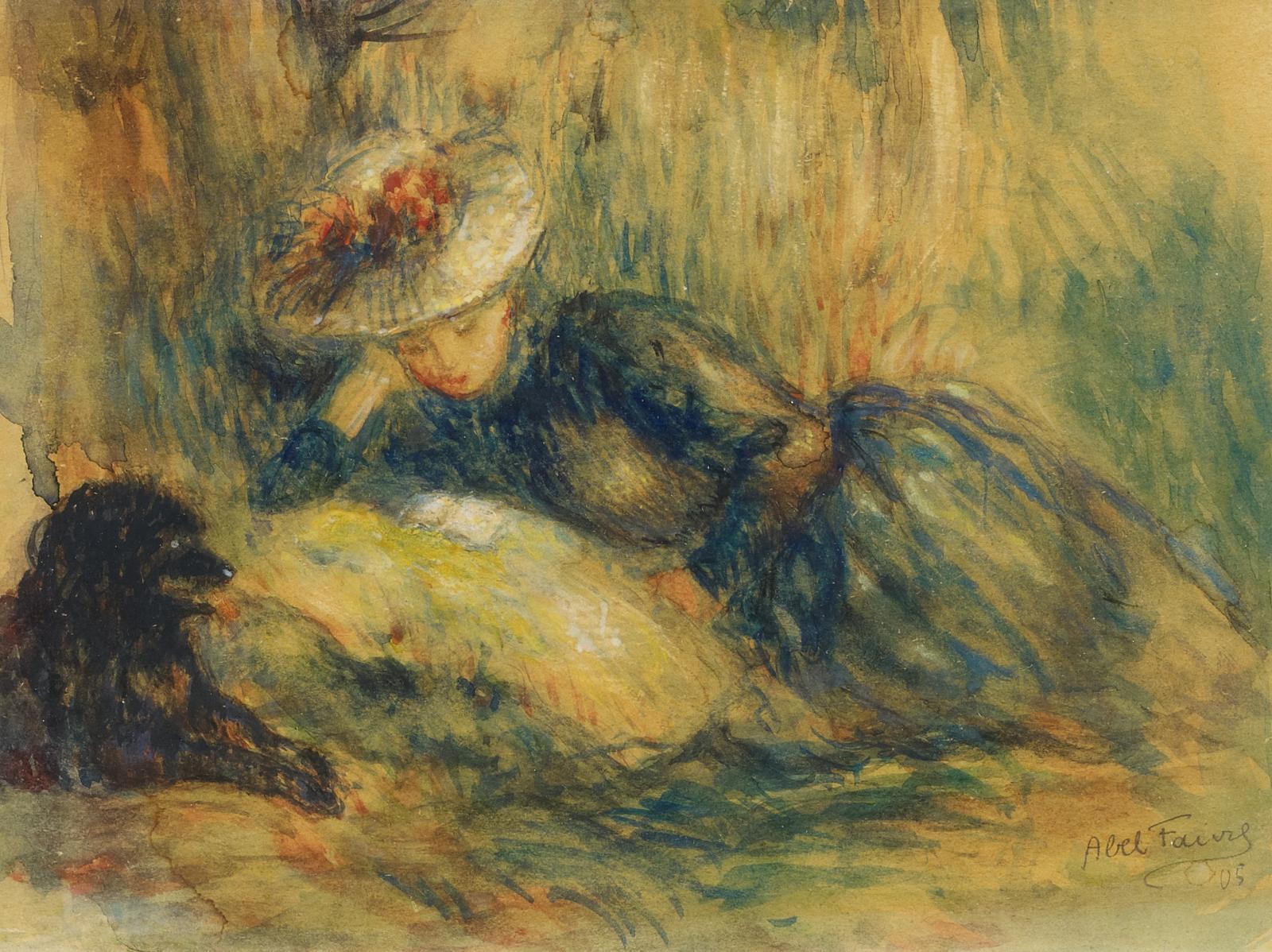 Abel Faivre - Eine lesende junge Dame mit Hund
