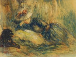 Abel Faivre - Eine lesende junge Dame mit Hund