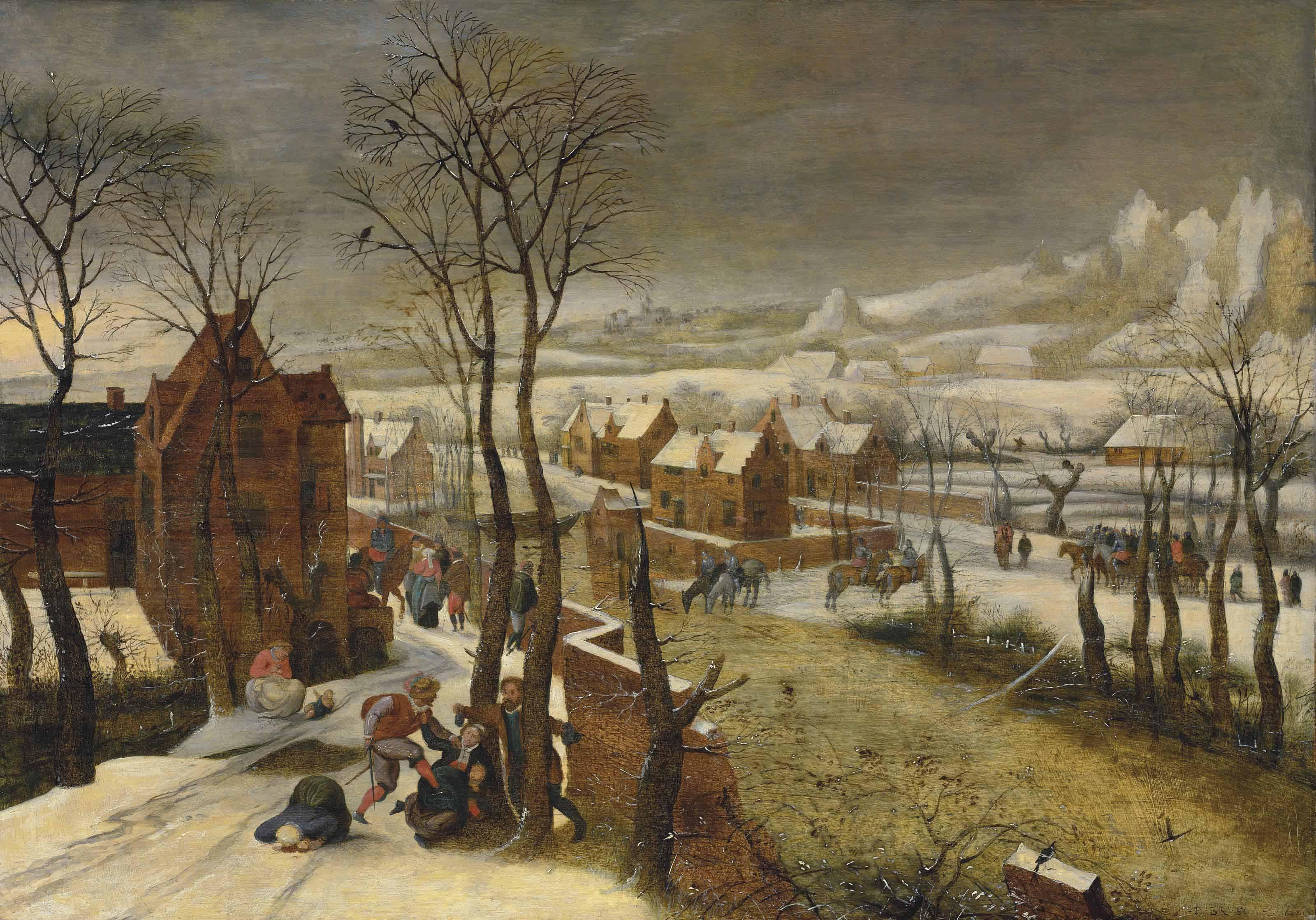 Abel Grimmer - A village landscape in winter with the Massacre of the Innocents