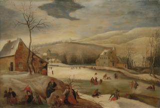 Abel Grimmer - A winter landscape with the Holy Family warming themselves by a fire, skaters and sledgers on a frozen river beyond