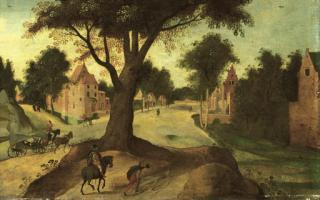 Abel Grimmer - A wooded landscape with travellers entering a town