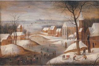 Abel Grimmer - A wooded winter river landscape with a town, skaters and woodchoppers, another town beyond