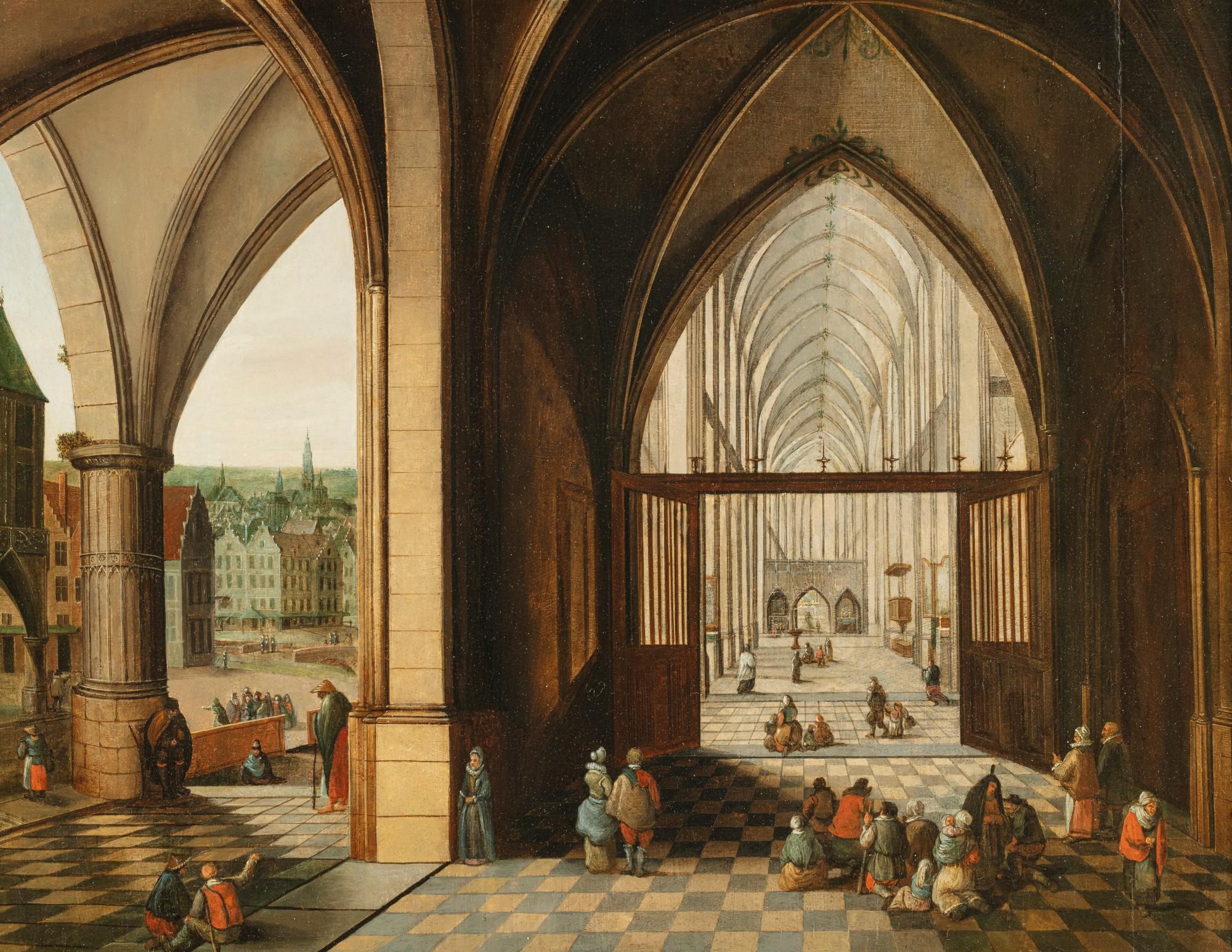 Abel Grimmer - An Imaginary Church Interior with a Town beyond